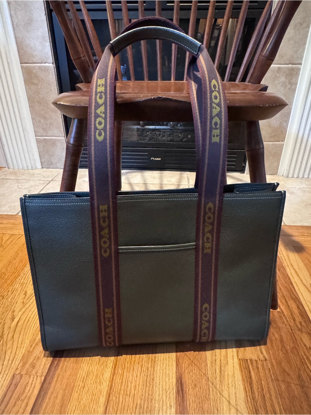 Large Coach Green Leather Tote Bag With Branded Strap